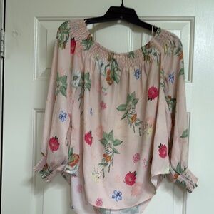 Express Pink Floral Smocked Blouse 3/4 Sleeve